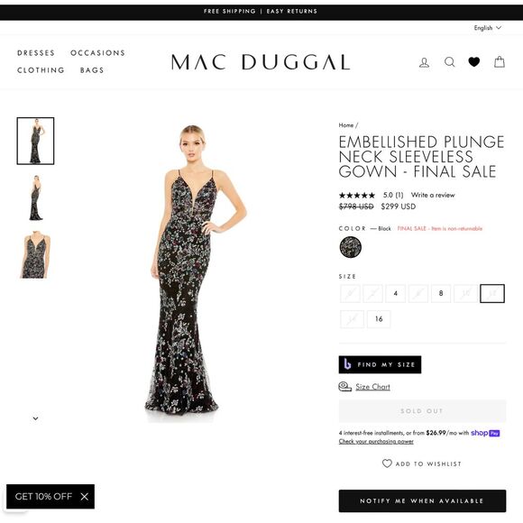 NWT‎ $798 Mac Duggal [ 12 ] 20332 Embellished Plunge Neck Sleeveless Gown J188 - Picture 2 of 15